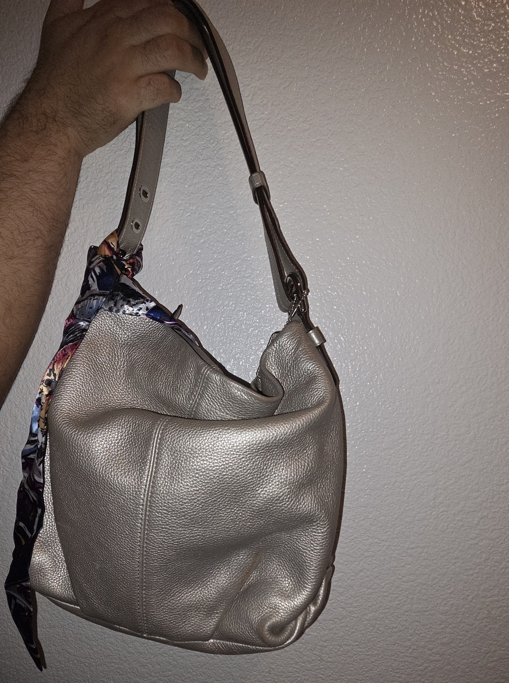 Coach Silver Hobo Bag with Floral Scarf